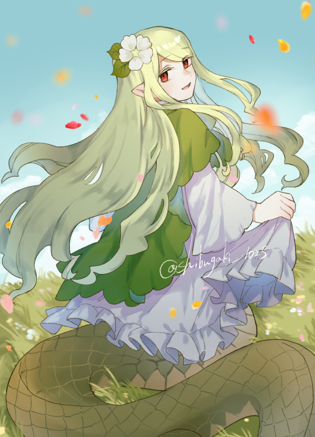 1girl, commentary, demon_girl, dress, english_commentary, funamusea, green_hair, green_theme, haiiro_teien, key, lamia, long_hair, monster_girl, red_eyes, shibugaki_1025, sin_(funamusea), snake_girl, solo, very_long_hair, white_dress