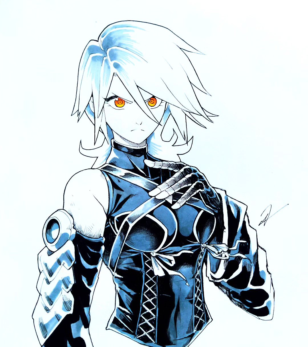 1girl, anti-aqua_(kingdom_hearts), aqua_(kingdom_hearts), bare_shoulders, breasts, commentary_request, cropped_torso, gloves, hand_on_own_chest, highres, italian_commentary, kingdom_hearts, kingdom_hearts_iii, marker_(medium), medium_hair, signature, simple_background, solo, to_the_maxio, traditional_media, v-shaped_eyebrows, white_background, white_hair, yellow_eyes