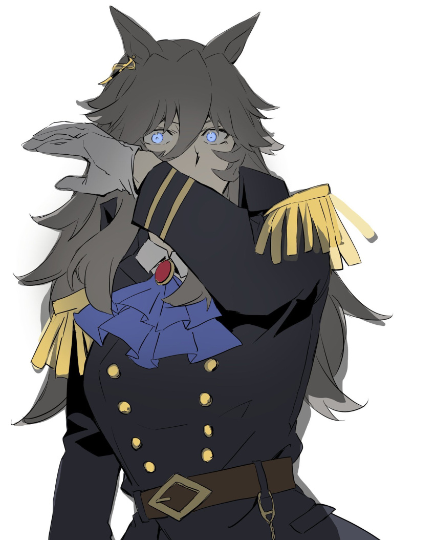 1girl, akiduki_(gundogs), animal_ears, ascot, belt, black_coat, blue_ascot, blue_eyes