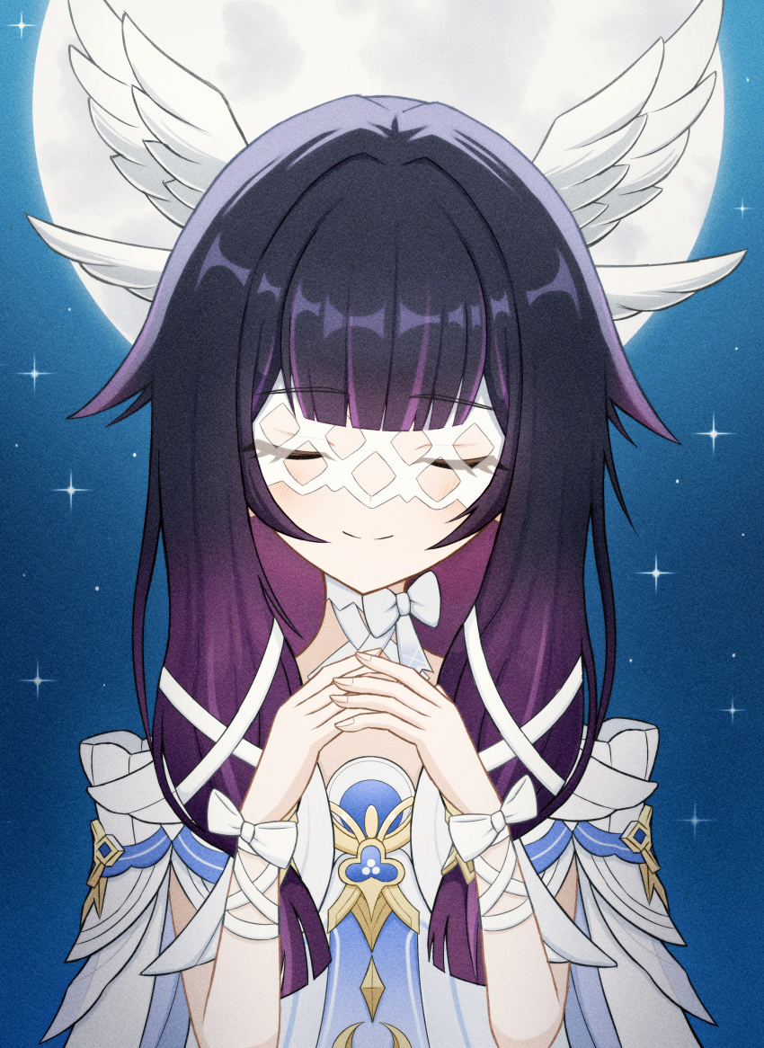 1girl, absurdres, black_hair, closed_eyes, columbina_(genshin_impact), dress, eye_mask, genshin_impact