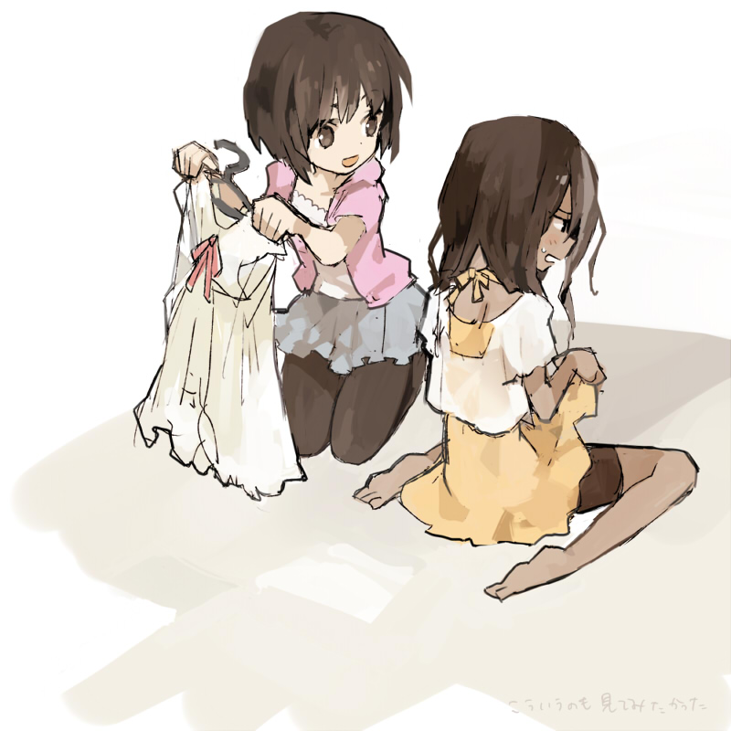bad_id, barefoot, bike_shorts, blush, brown_hair, dark_skin, dress, inukashi