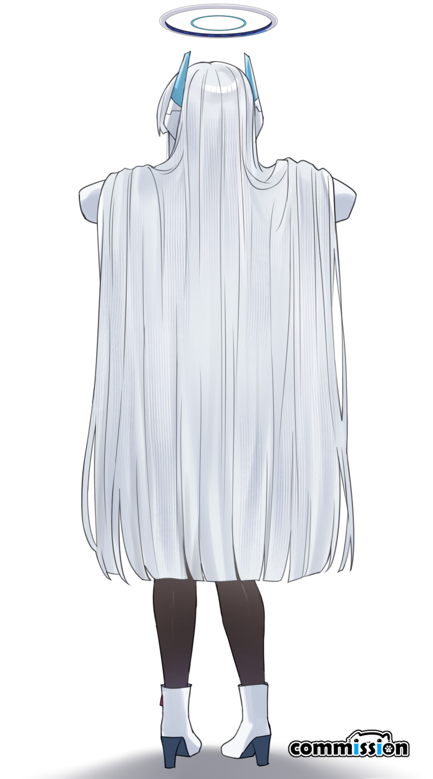 1girl, black_pantyhose, blue_archive, boots, commentary, commission, earpiece, from_behind
