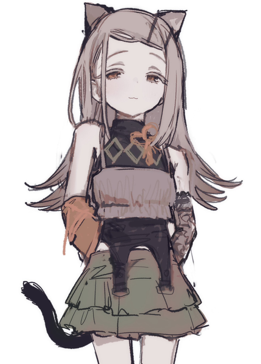 1girl, :3, animal_ears, arms_behind_back, black_shirt, cat_ears, cat_tail, closed_mouth
