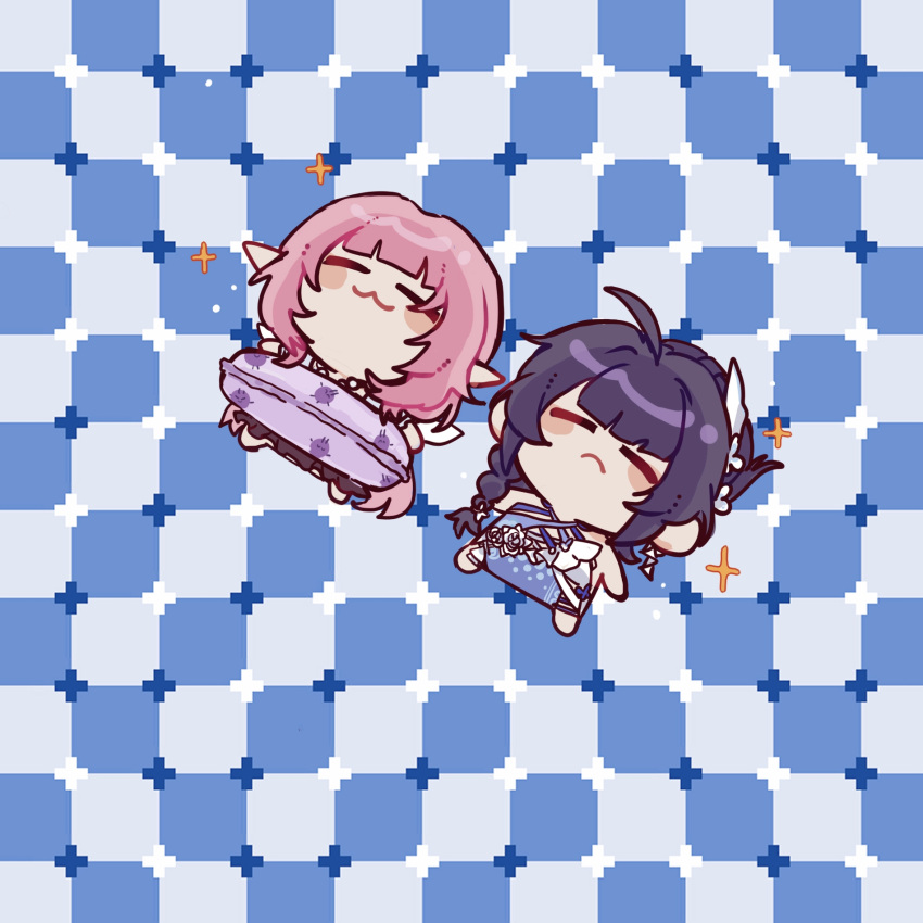 2girls, :3, ahoge, bilizinger, chibi, chibi_only, chinese_commentary, closed_eyes, closed_mouth, commentary_request, elysia_(honkai_impact), elysia_(miss_pink_elf)_(honkai_impact), elysia_(summer_miss_elf)_(honkai_impact), highres, honkai_(series), honkai_impact_3rd, innertube, long_hair, multiple_girls, official_alternate_costume, optical_illusion, pink_hair, pointy_ears, primrose_field_illusion, purple_hair, raiden_mei, raiden_mei_(crooning_tides), raiden_mei_(herrscher_of_origin), swim_ring