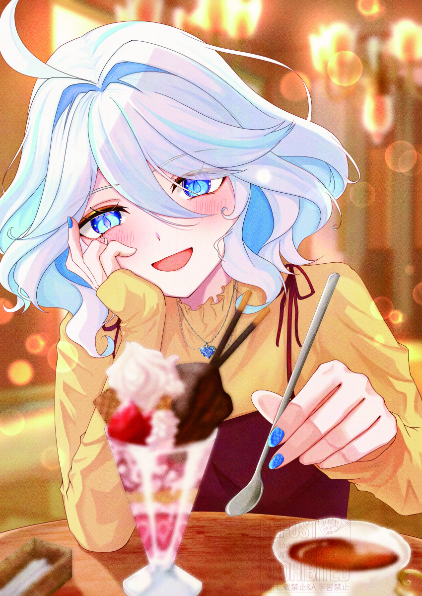 1girl, absurdres, ahoge, ascot, biscuit_(bread), blue_ascot, blue_eyes, blue_gem