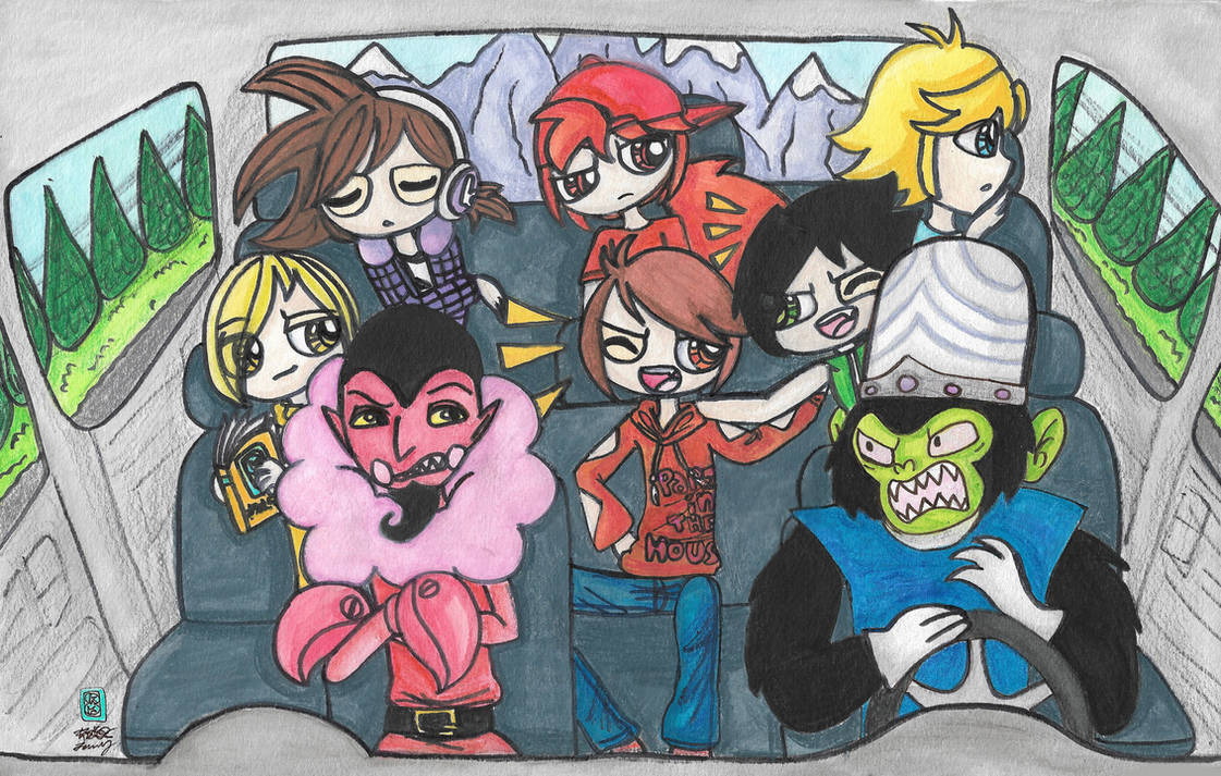 6+boys, backwards_hat, bandit_(kuku88), belt, black_belt, black_fur, black_hair, blaster_(kuku88), blonde_hair, blue_eyes, blue_shirt, blue_tunic, book, boomer_(ppg), braker_(kuku88), brick_(ppg), brown_hair, butch_(ppg), capsule_helmet, chimpanzee, closed_eyes, colored_pencil_(medium), colored_skin, commentary, crab_claw, demon, demon_boy, denim, dress, driving, english_commentary, facial_hair, facing_viewer, fur_trim, gloves, goatee, green_eyes, green_shirt, green_skin, hair_slicked_back, hat, headphones, helmet, him_(powerpuff_girls), holding, holding_book, hood, hoodie, jeans, kuku88, laughing, light_frown, long_hair, looking_at_another, looking_to_the_side, mojo_jojo, motor_vehicle, mountain, multiple_boys, open_mouth, orange_eyes, orange_hair, orange_hoodie, original, pants, parted_bangs, pink_fur, powerpuff_girls, purple_shirt, red_dress, red_hat, red_shirt, red_skin, rowdyruff_boys, shirt, side-by-side, sitting, sleeveless, smirk, spiky_hair, traditional_media, tree, tunic, van, vehicle_interior, watermark, white_gloves, widow's_peak, window, yellow_eyes, yellow_shirt