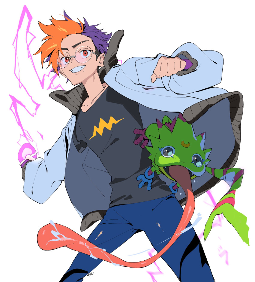 1boy, black_shirt, blonde_hair, blue_hair, blue_pants, cowboy_shot, digimon, digimon_(creature)