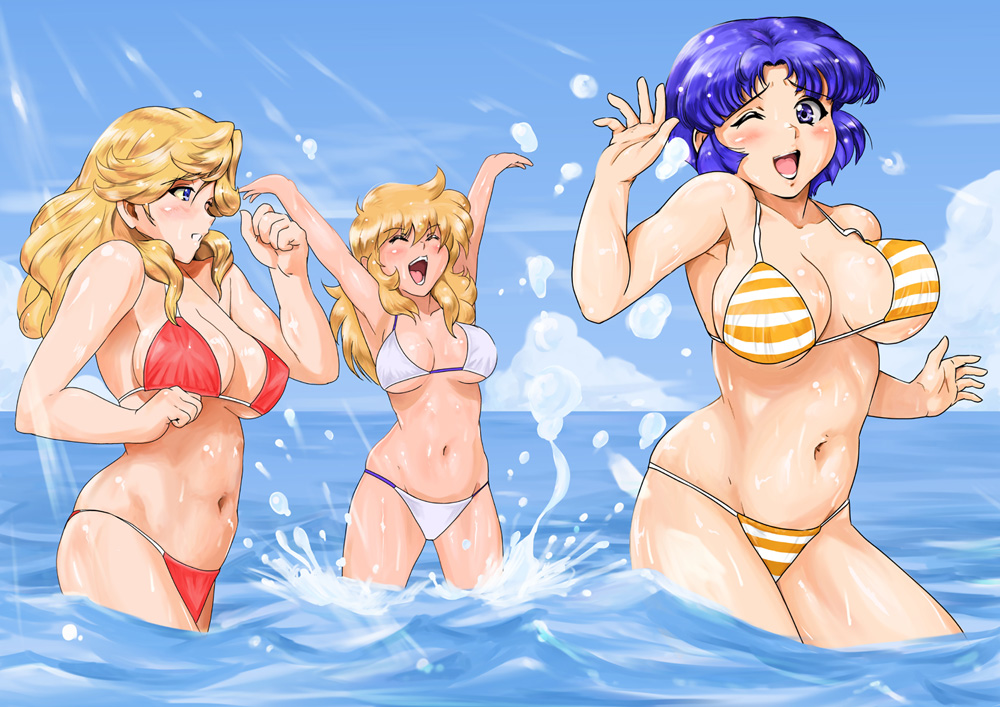 bikini, blonde_hair, blue_eyes, blue_hair, breasts, closed_eyes, curvy, eyes_closed