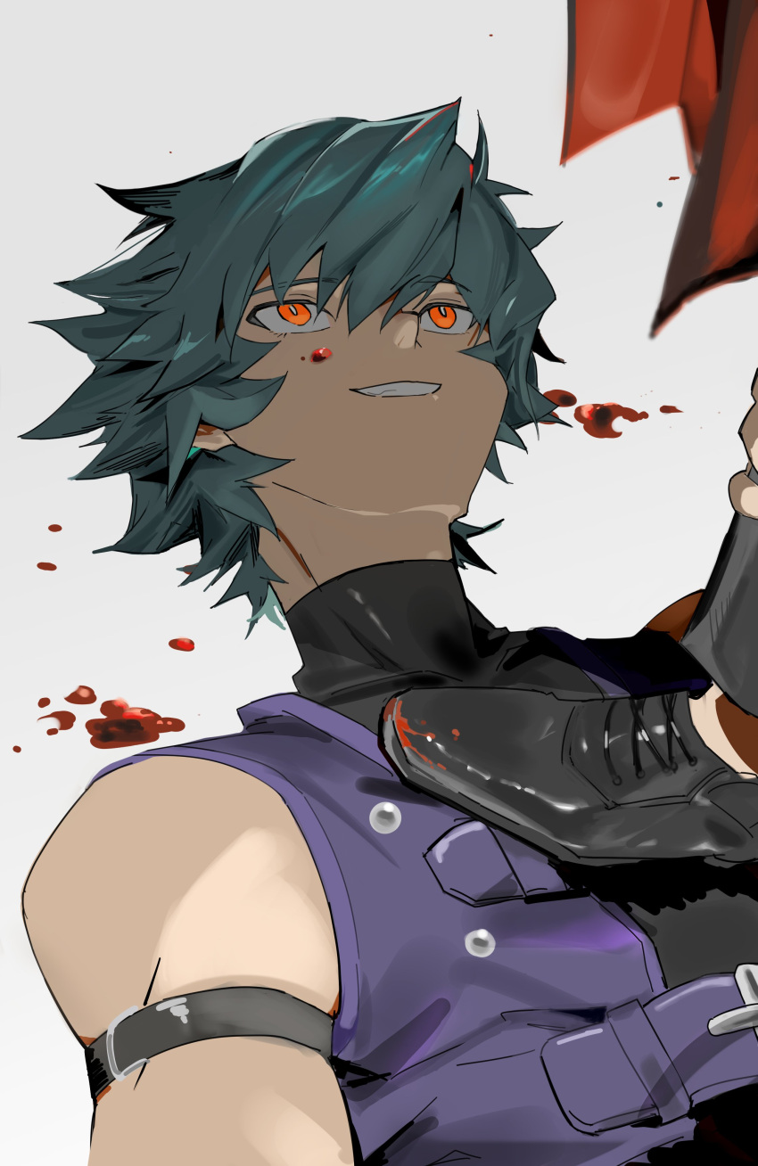2boys, absurdres, bare_shoulders, blood, blood_on_face, foot_on_chest, green_hair, grey_background