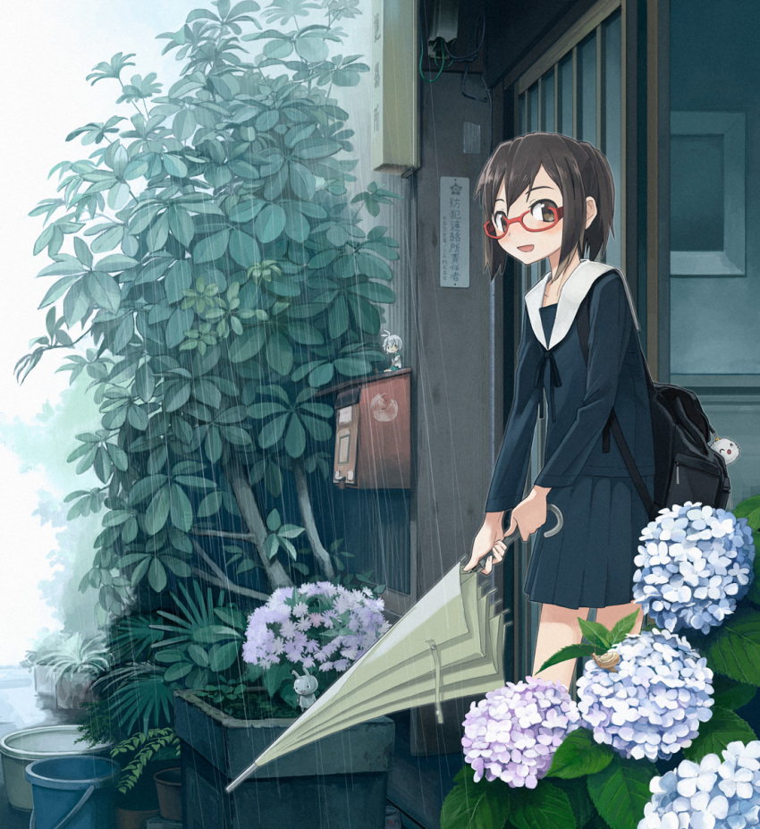 brown_hair, bucket, closed_umbrella, doll, door, flower, glasses, highres