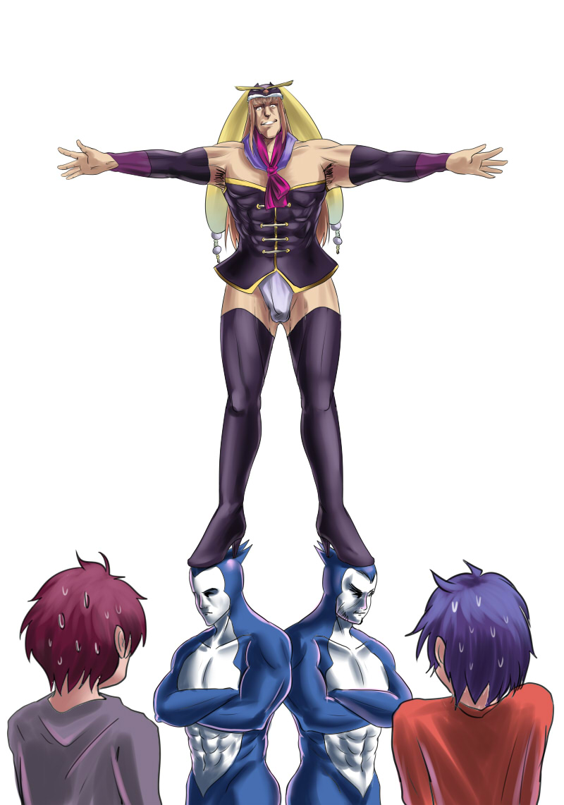back, bird, blue_hair, boots, brown_hair, elbow_gloves, genderswap, gloves, hara_tetsuo_(style), hat, hokuto_no_ken, long_hair, manly, mawaru_penguindrum, on_head, outstretched_arms, parody, penguin, personification, princess_of_the_crystal, red_hair, redhead, saigo_no_shito, siblings, style_parody, sweatdrop, takakura_himari, takakura_kanba, takakura_shouma, thigh-highs, thigh_boots, thighhighs