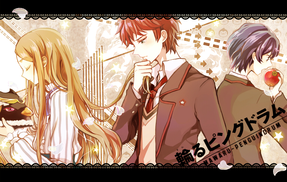 apple, bird, blazer, blue_hair, brown_hair, closed_eyes, eyes_closed, food