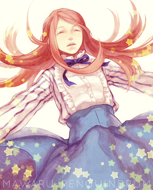 closed_eyes, eyes_closed, frills, long_hair, mawaru_penguindrum, open_mouth, orange_hair, r_inami, skirt, star, takakura_himari