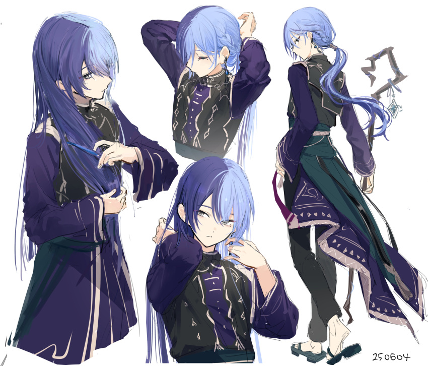 1boy, absurdres, aim_higher_and_higher!_(project_sekai), amin_(aminblue), aoyagi_touya, black_pants, braid, brushing_hair