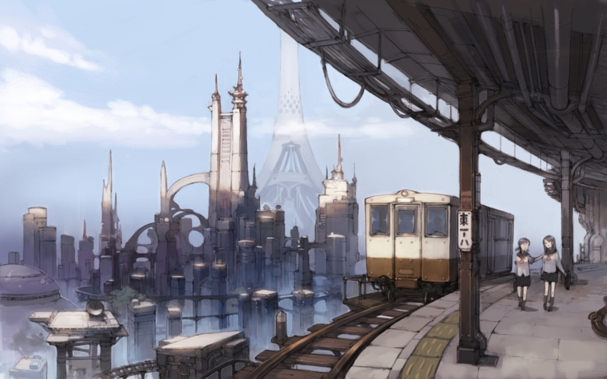 black_hair, building, city, cloud, multiple_girls, original, ponytail, scenery