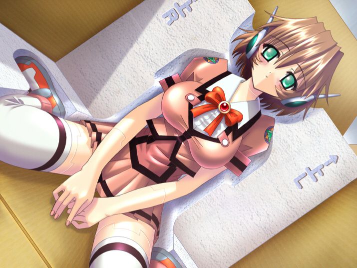 1girl, 2000s_(style), blush, bob_cut, bow, breasts, brown_hair, brown_jacket, brown_skirt, closed_mouth, cosplay, dutch_angle, expressionless, flipped_hair, game_cg, green_eyes, hair_between_eyes, jacket, kanojo_(private_room_2), large_breasts, miniskirt, ogura_hiroko, pleated_skirt, private_room_2, red_bow, robot_ears, shirt, shoes, short_sleeves, sitting, skirt, solo, styrofoam, thigh-highs, third-party_source, wariza, white_shirt, white_thighhighs