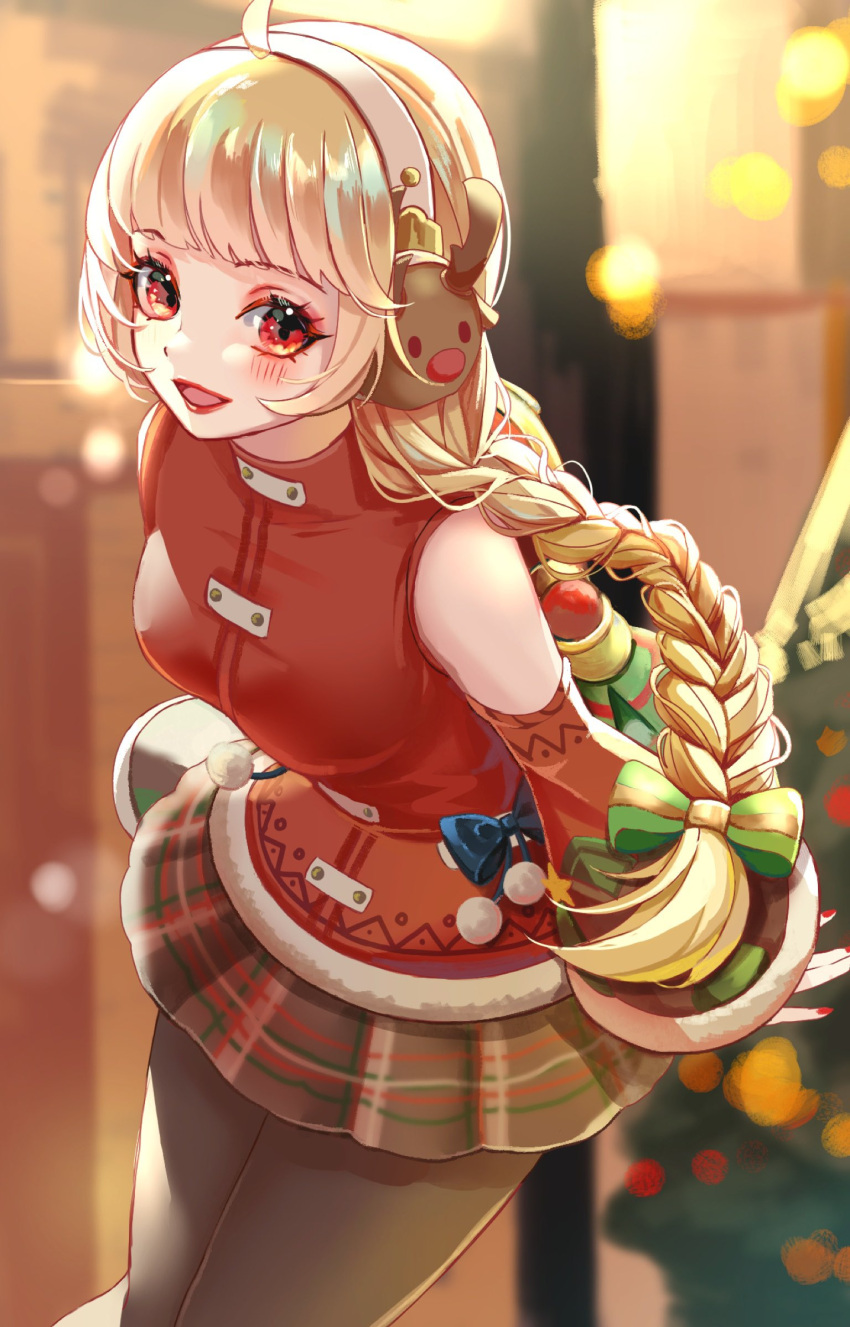 ahoge, bare_shoulders, black_pantyhose, blonde_hair, blue_bow, bow, braid, cowboy_shot, detached_sleeves, dress, english_commentary, green_bow, hair_bow, headband, headphones, highres, juno_(overwatch), leaning_forward, long_sleeves, nano_kaname, official_alternate_costume, overwatch, pantyhose, pleated_skirt, red_dress, red_eyes, red_lips, red_nails, single_braid, skirt, solo, white_headband