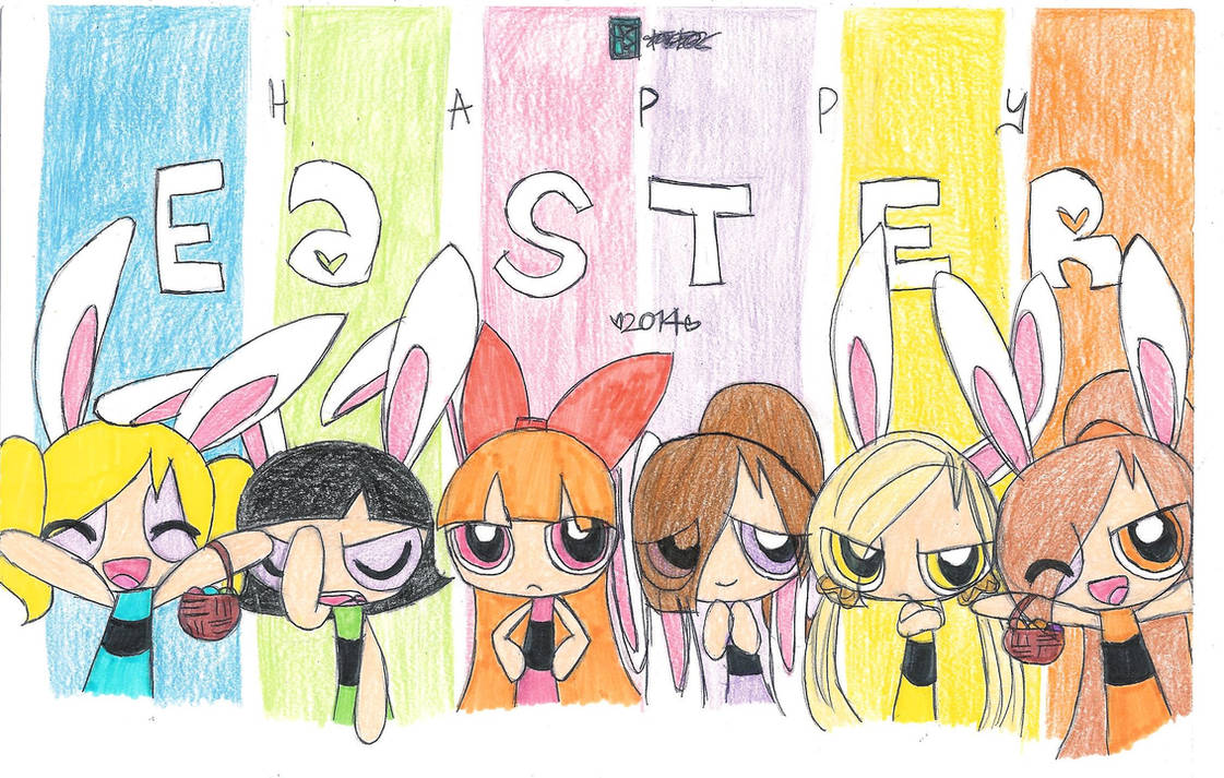 6+girls, animal_ears, banana_(kuku88), black_hair, bliss_(kuku88), blonde_hair, blossom_(ppg), blue_background, blue_dress, blunt_bangs, bow, brown_hair, bubbles_(ppg), bunny_(ppg), buttercup_(ppg), child, closed_eyes, colored_pencil_(medium), commentary, dated, dress, easter, english_commentary, english_text, green_background, green_dress, hair_bow, high_ponytail, kuku88, long_hair, multiple_girls, orange_background, orange_dress, orange_eyes, orange_hair, original, parted_bangs, pink_background, pink_dress, pink_eyes, ponytail, powerpuff_girls, purple_background, purple_dress, rabbit_ears, red_bow, short_hair, side-by-side, sleeveless, traditional_media, twintails, upper_body, violet_eyes, yellow_background, yellow_dress, yellow_eyes
