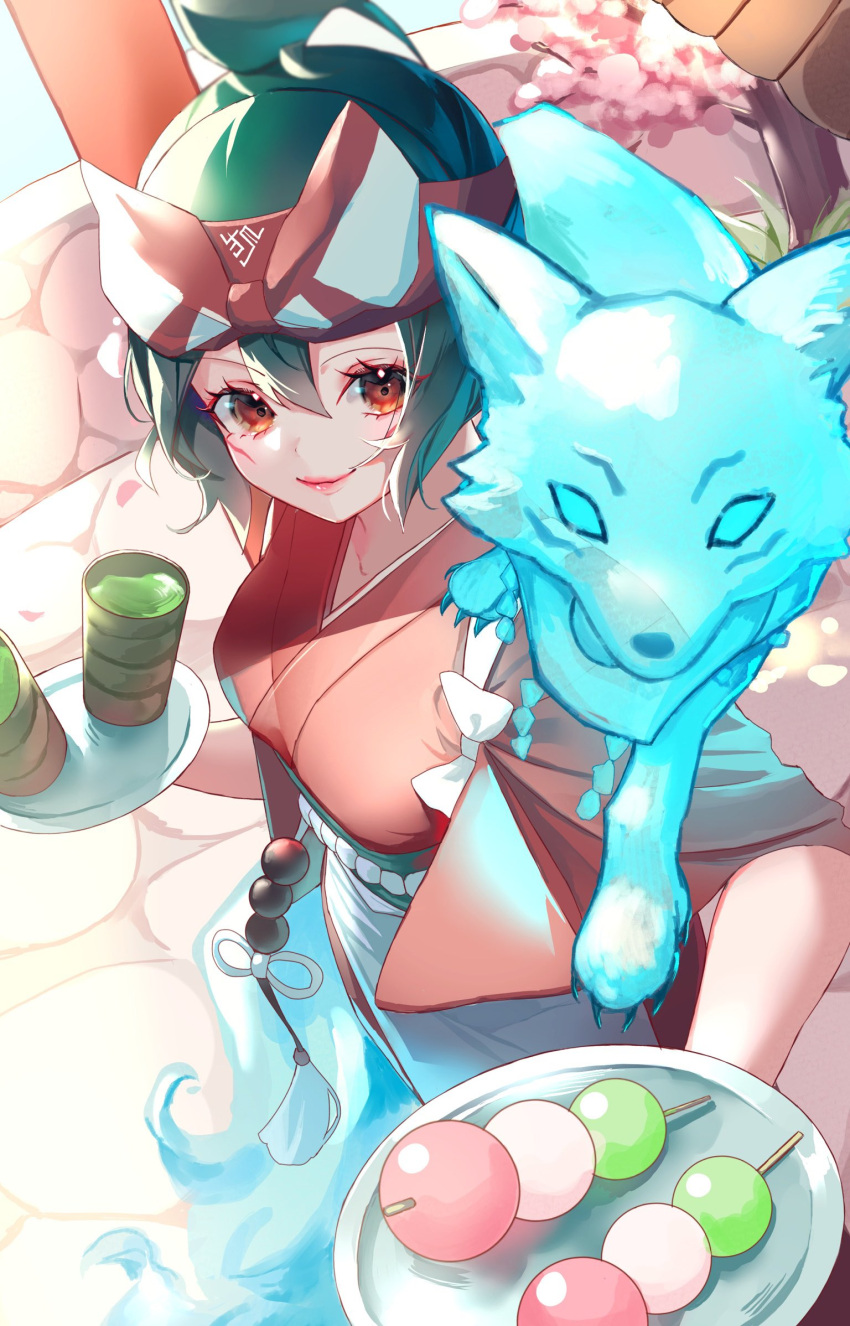 cherry_blossoms, commentary_request, facepaint, facial_mark, food, fox, fox_mask, green_hair, half_mask, high_ponytail, highres, holding, holding_plate, japanese_clothes, kimono, kiriko_(overwatch), mask, nano_kaname, orange_eyes, overwatch, plate, ponytail, red_kimono, rope_belt, short_hair, smile, spirit