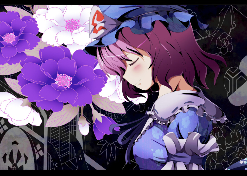 blue_dress, breasts, bust, closed_eyes, dress, eyes_closed, flower, ghost