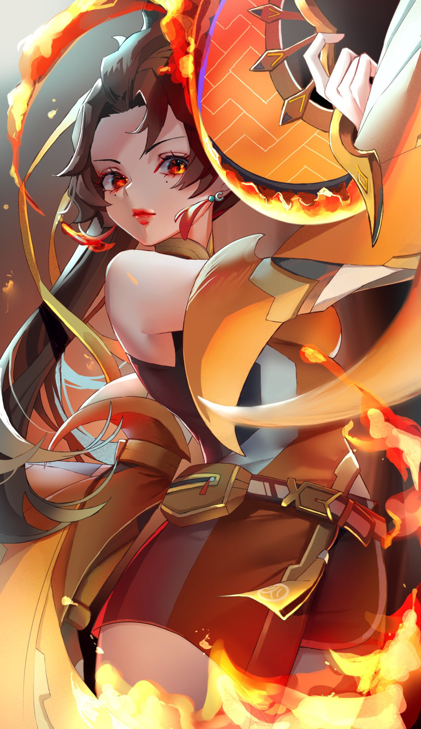 1girl, absurdres, anran_(overwatch), bare_shoulders, black_hair, commentary_request, cowboy_shot, detached_sleeves
