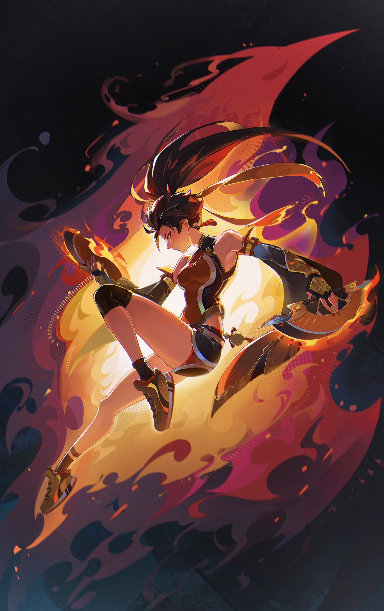 1girl, anran_(overwatch), bare_shoulders, black_hair, commentary, detached_sleeves, english_commentary, fingerless_gloves