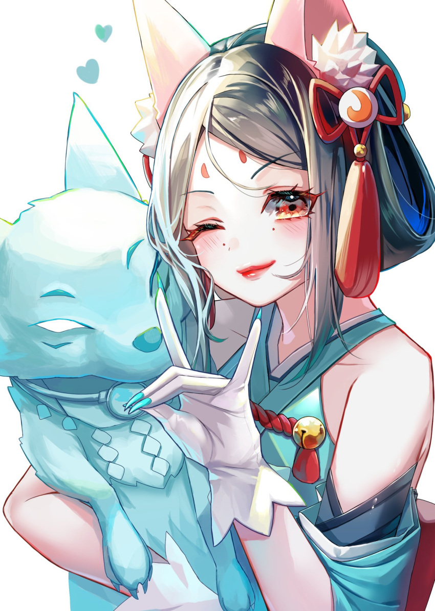 animal_ear_fluff, animal_ears, bare_shoulders, bell, blue_kimono, detached_sleeves, english_commentary, fox