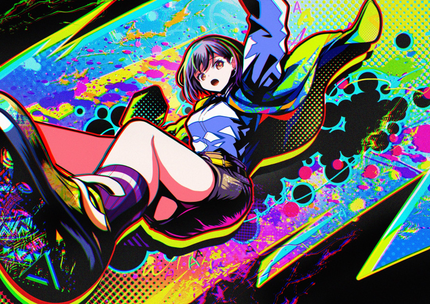 1girl, bang_dream!, bang_dream!_it's_mygo!!!!!, bang_dream!_our_notes, berryverrine, colorful, commentary_request, grey_hair, grey_skirt, guest_art, highres, jacket, official_art, open_clothes, open_jacket, open_mouth, shirt, short_hair, skirt, takamatsu_tomori, white_shirt