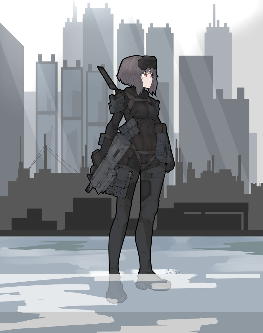 1girl, absurdres, ammunition_pouch, assault_rifle, body_armor, bullpup, cityscape, cyberpunk