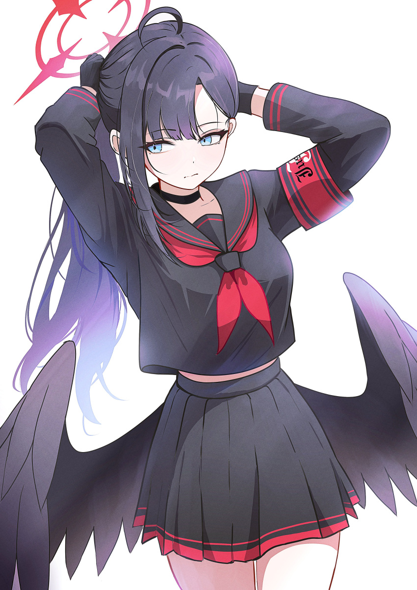 1girl, absurdres, adjusting_hair, ahoge, armband, arms_behind_head, arms_up, black_choker