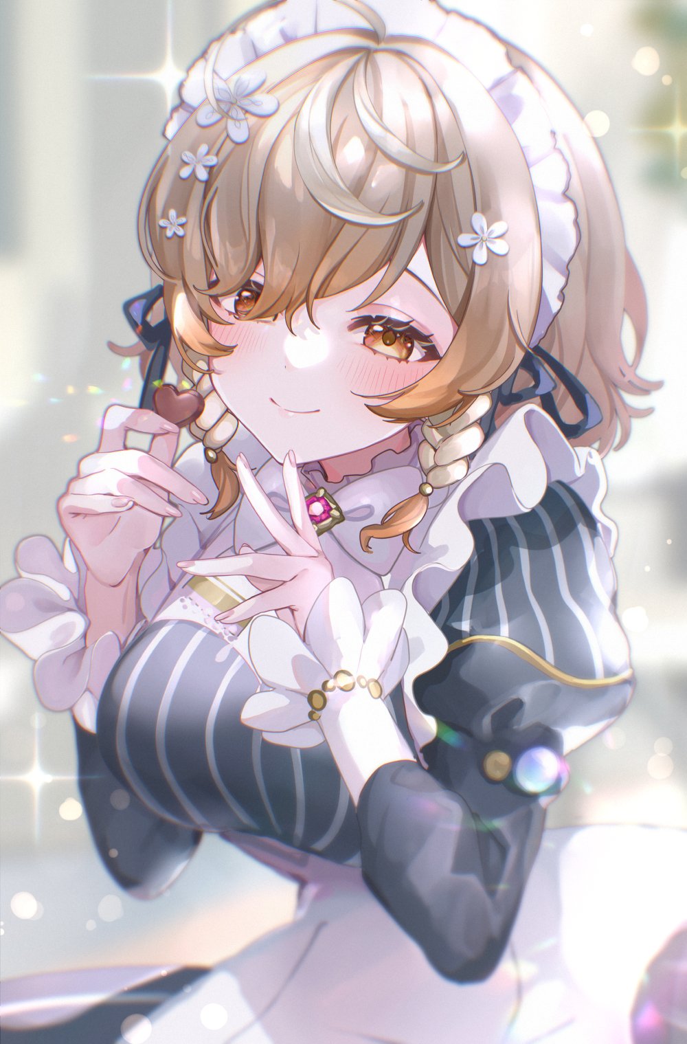 1girl, blurry, blush, bokeh, braid, breasts, brown_hair, depth_of_field