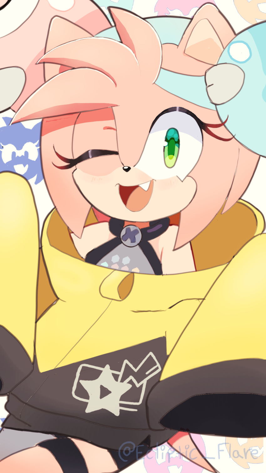 1girl, ;d, amy_rose, animal_nose, asymmetrical_legwear, bare_shoulders, black_jacket, character_background