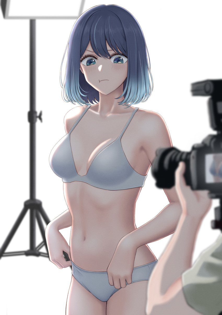 1boy, 1girl, absurdres, blue_eyes, blue_hair, bra, breasts, camera