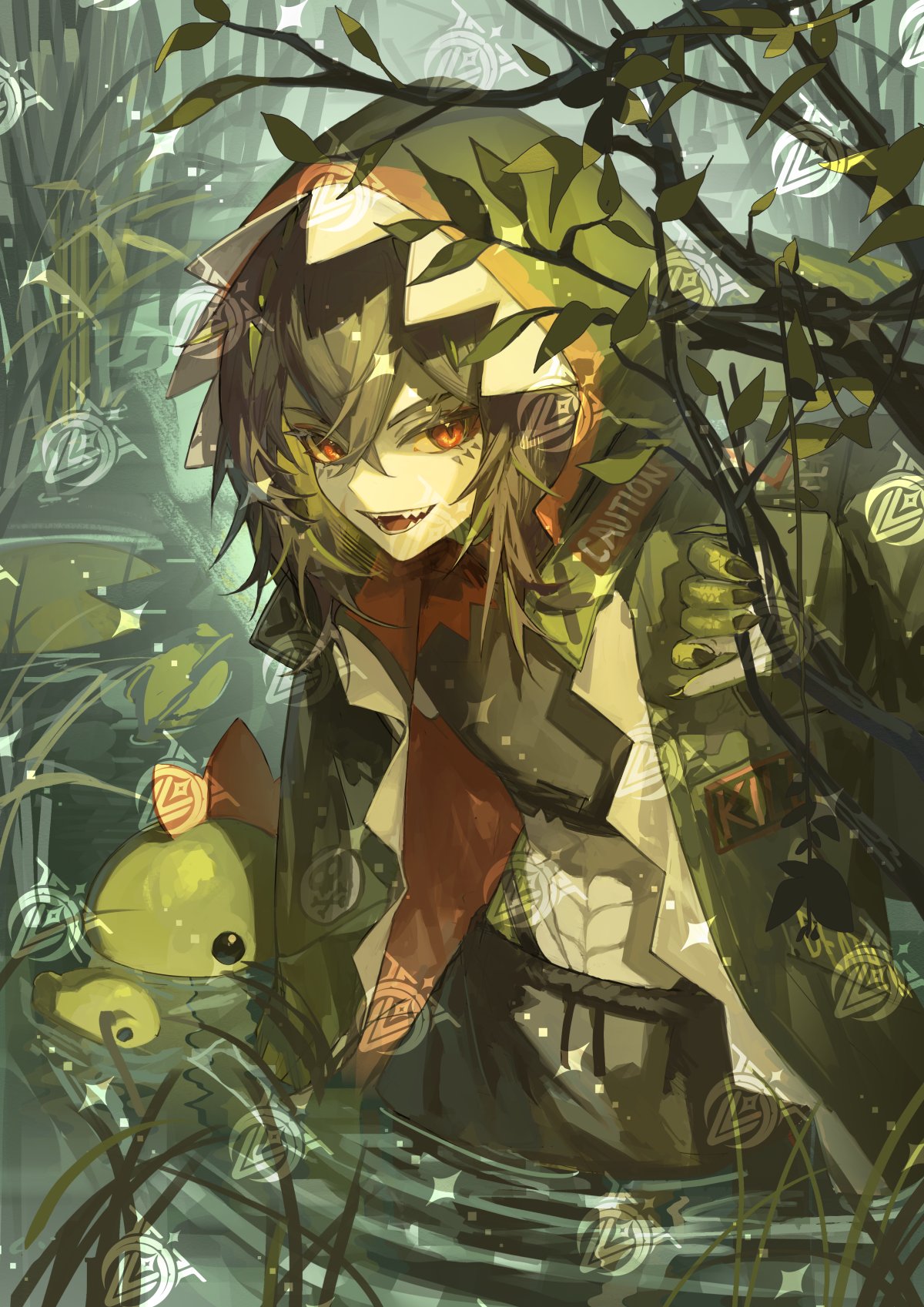 1girl, beastiez, black_pants, black_shirt, brown_hair, colored_sclera, crocodile_girl, crocodilian