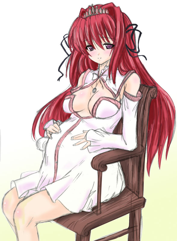 axia, blush, breasts, chair, detached_sleeves, dress, fuchi, jewelry, knee_blush, necklace, pregnant, purple_eyes, red_hair, redhead, sitting, violet_eyes
