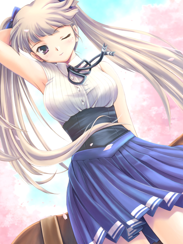 1girl, arm_behind_head, arm_up, armpits, black_corset, black_ribbon, blue_bow, blue_skirt