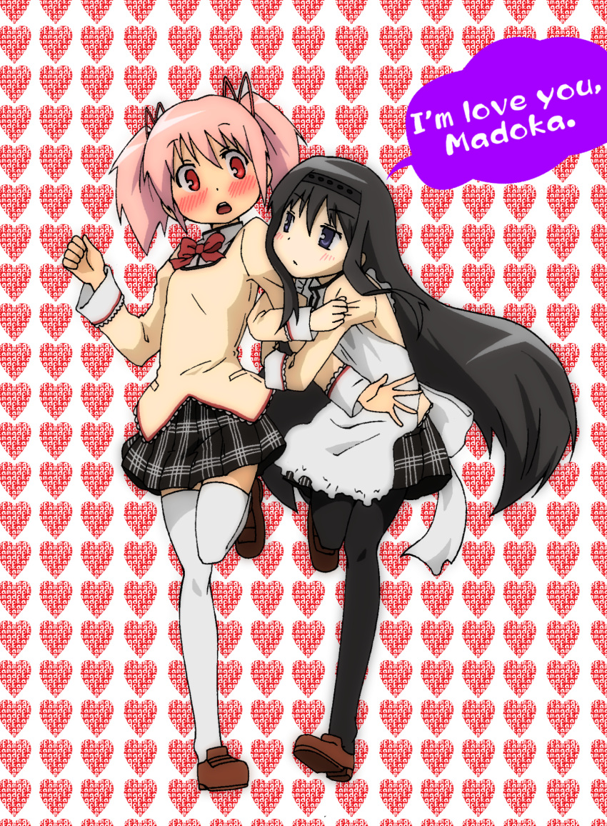 akemi_homura, apron, arm_hug, black_hair, black_legwear, blush, engrish, hairband