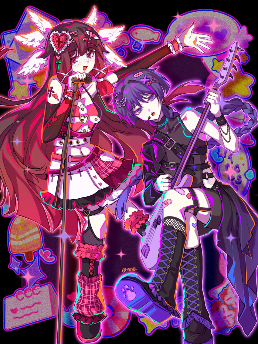 1boy, 1girl, alternate_costume, alternate_hair_length, alternate_hairstyle, angel_wings, arm_up, belt