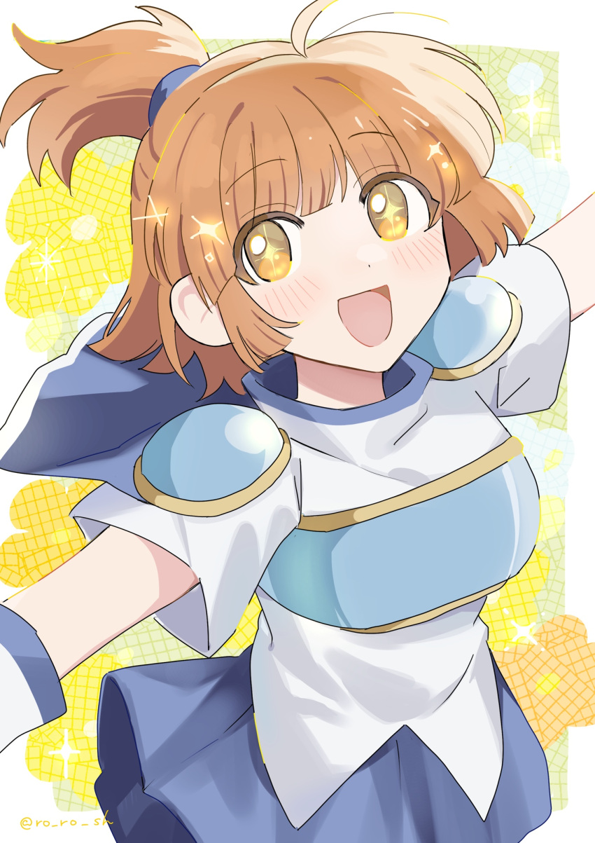 +_+, 1girl, ahoge, arle_nadja, armor, blue_armor, blue_capelet, blue_collar