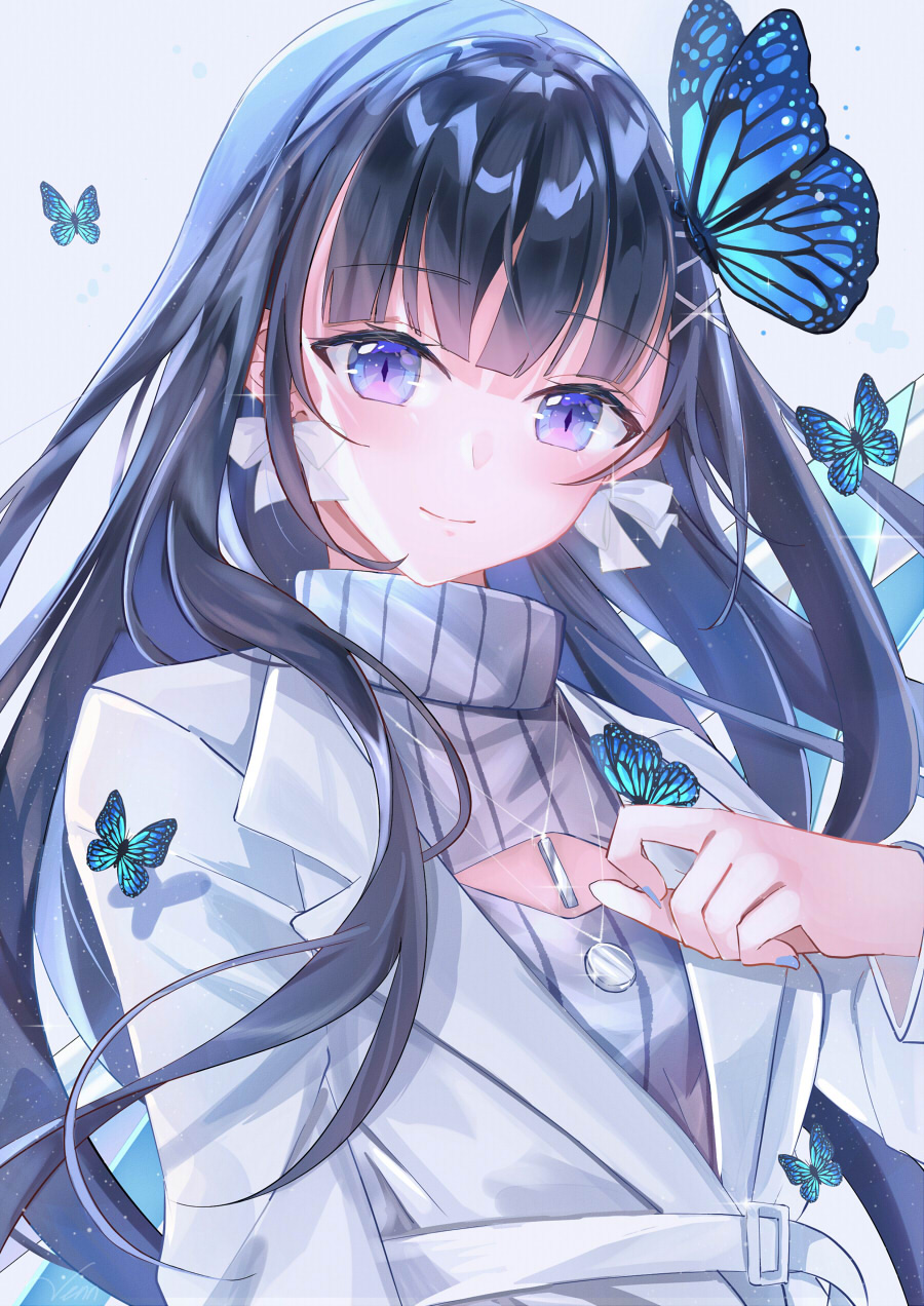 1girl, aoi_nabi, black_hair, blue_butterfly, blue_eyes, blue_nails, blunt_bangs, bow, bow_earrings, bug, butterfly, butterfly_hair_ornament, cleavage_cutout, closed_mouth, clothing_cutout, commentary, earrings, grey_bow, grey_jacket, grey_sweater, hair_ornament, hairclip, highres, indie_virtual_youtuber, jacket, jewelry, long_hair, long_sleeves, looking_at_viewer, necklace, open-chest_sweater, pendant, ribbed_sweater, simple_background, smile, solo, sweater, turtleneck, turtleneck_sweater, untranslatable_commentary, upper_body, venn_(vebonbon), virtual_youtuber, white_background, x_hair_ornament