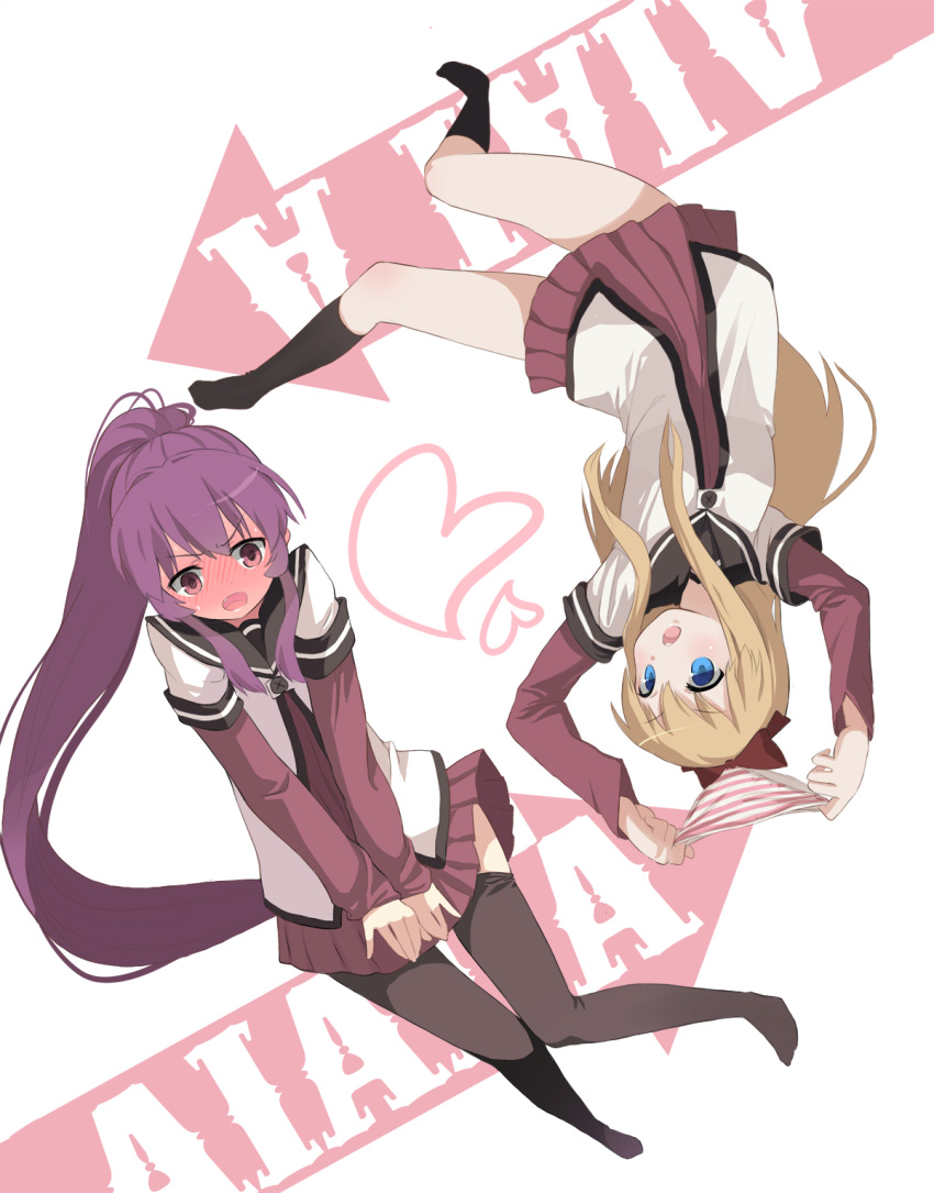 :o, black_legwear, blonde_hair, blue_eyes, blush, clothes_thief, clothing_thief, covering