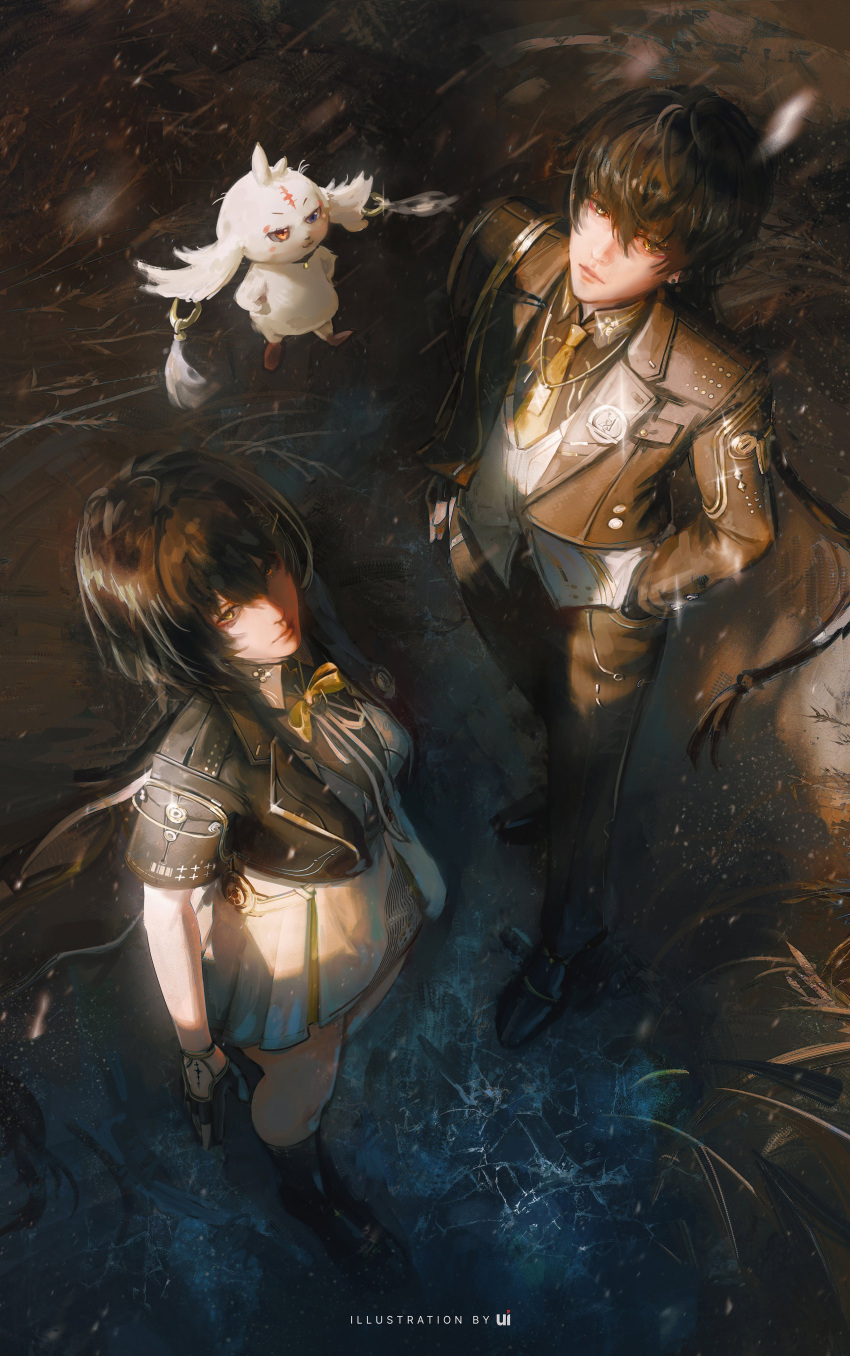 1boy, 1girl, abby_(wuthering_waves), absurdres, black_gloves, black_hair, black_jacket, black_pants