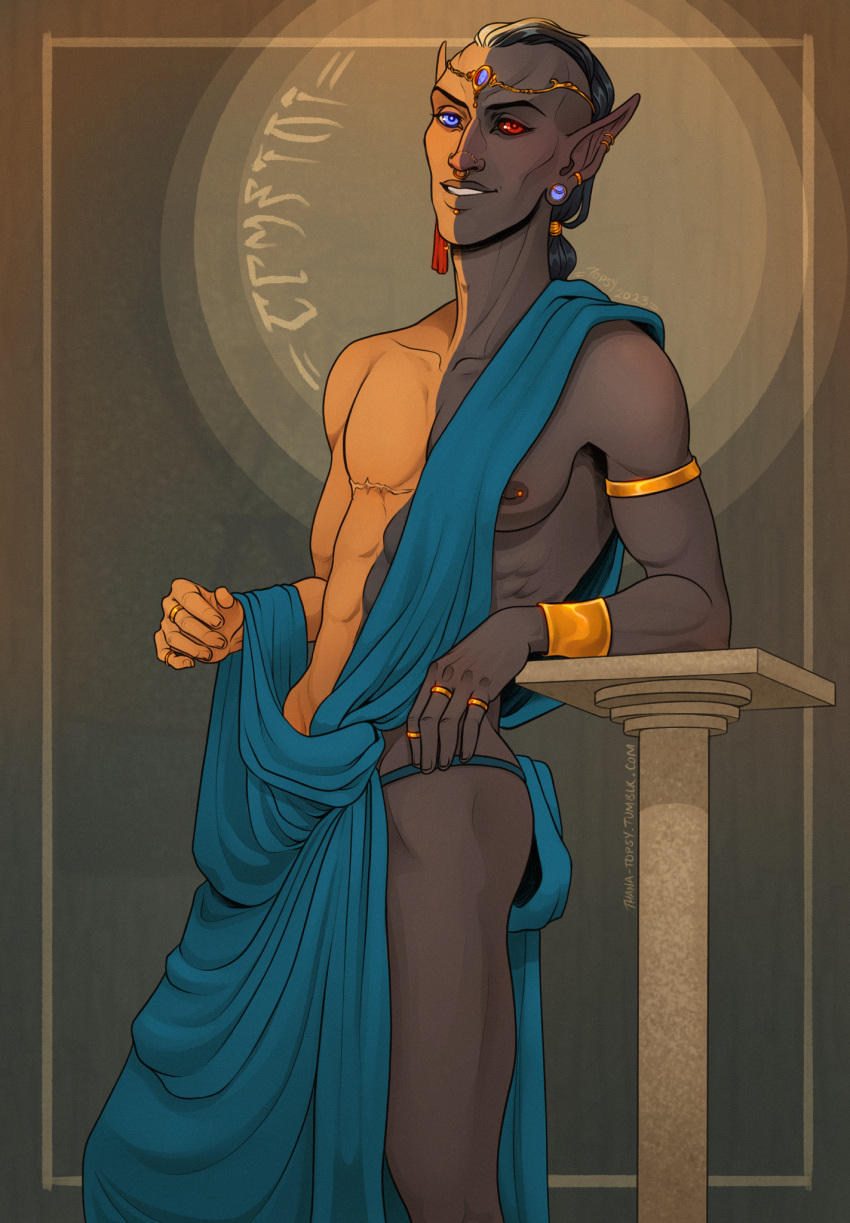 1boy, bald, black_hair, blue_eyes, bracelet, colored_skin, commentary, cowboy_shot, dunmer, earrings, english_commentary, gold_armband, gold_bracelet, gold_earrings, gold_skin, grey_background, grey_skin, highres, jewelry, leaning_to_the_side, looking_at_viewer, male_focus, mohawk, pointy_ears, red_eyes, smile, thana-topsy, the_elder_scrolls, the_elder_scrolls_iii:_morrowind, toga, vivec_(elder_scrolls), web_address