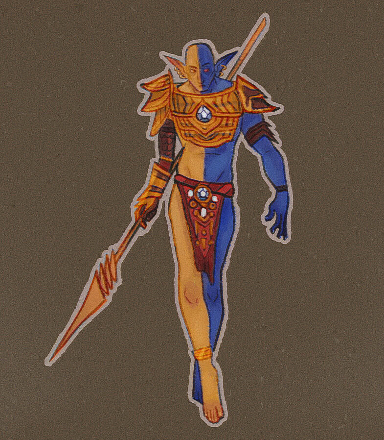 1boy, anklet, armband, armor, bald, barefoot, brown_background, colored_skin, commentary, dunmer, earrings, english_commentary, full_body, gold_anklet, gold_earrings, gold_skin, grey_skin, holding, holding_polearm, holding_weapon, jewelry, male_focus, pointy_ears, polearm, red_eyes, red_loincloth, shoulder_armor, spear, thatone-eggplant, the_elder_scrolls, the_elder_scrolls_iii:_morrowind, vivec_(elder_scrolls), weapon, yellow_eyes