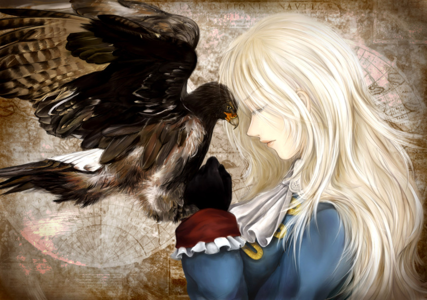 axis_powers_hetalia, bird, black_gloves, blonde_hair, closed_eyes, cravat, eagle, eyelashes, eyes_closed, face, genderswap, gloves, head_tilt, highres, lips, long_hair, map, military, military_uniform, mucca, profile, prussia_(hetalia), realistic, sampoo911, uniform