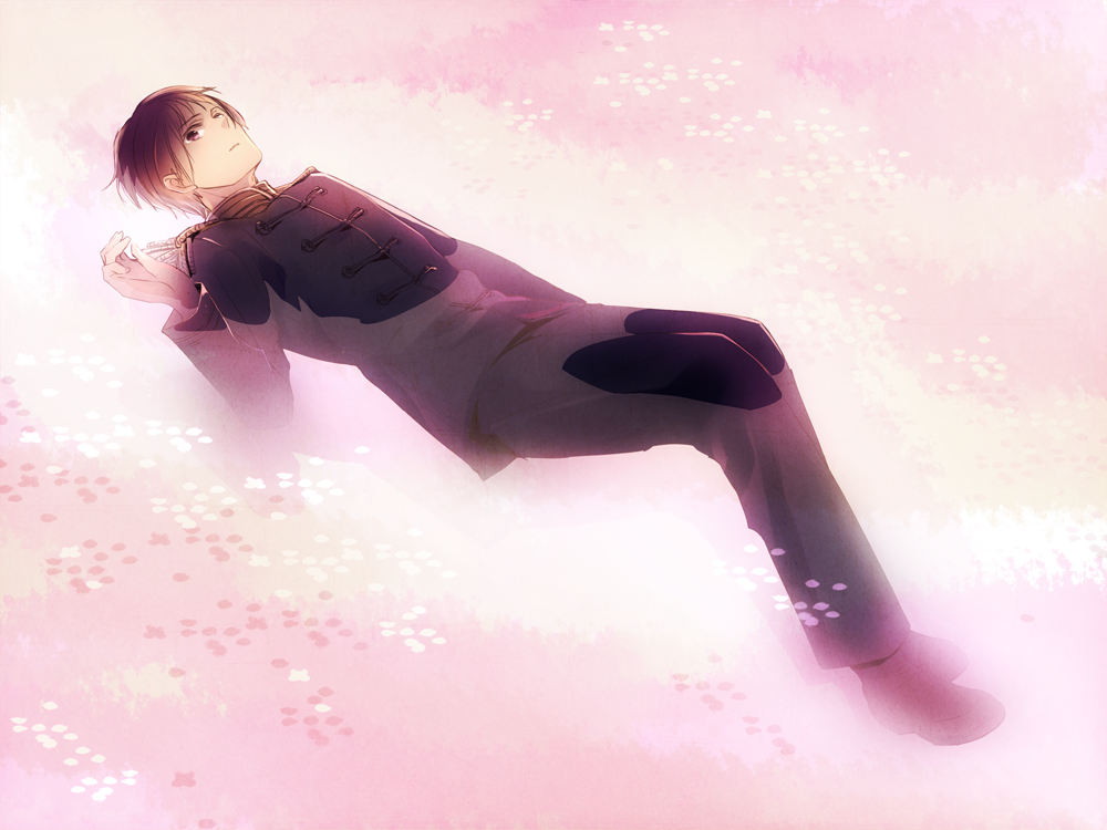 adapted_costume, afloat, alternate_color, arm_up, axis_powers_hetalia, bad_id, black_hair, brown_eyes