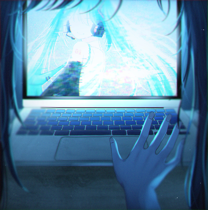 1girl, ado_(utaite), chando_(ado), chromatic_aberration, commentary_request, computer, film_grain, glitch