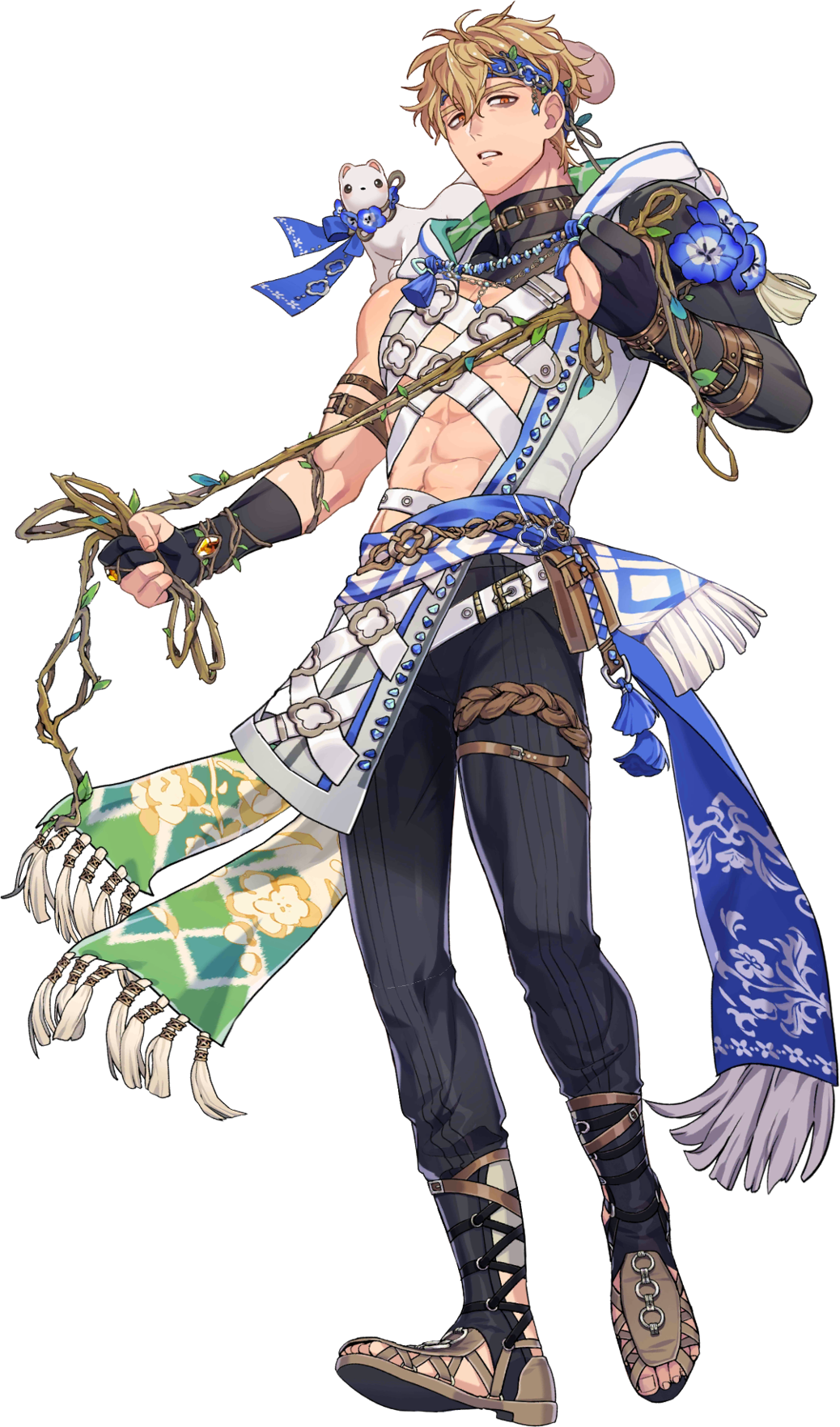 1boy, abs, animal, animal_on_shoulder, arm_belt, asymmetrical_sleeves, bags_under_eyes, belt, black_gloves, black_pants, blonde_hair, blue_flower, blue_gem, blue_headband, bracelet, brown_belt, brown_choker, choker, clothed_animal, clothing_cutout, elbow_gloves, ermine, fingerless_gloves, flower, full_body, gem, gloves, hair_vines, headband, highres, holding, hood, hood_down, infinity_alpha_studio, jacket, jewelry, large_pectorals, looking_at_viewer, male_focus, muscular, muscular_male, navel, nu_carnival, official_alternate_costume, official_art, open_clothes, open_jacket, orange_eyes, pants, parted_lips, pectorals, plant, quincy_(buckeye_miracle)_(nu_carnival), quincy_(nu_carnival), sandals, short_hair, simple_background, single_bare_shoulder, solo, tachi-e, tassel, tattoo, thigh_strap, topper_(nu_carnival), turtleneck, vines, weasel, white_belt, yellow_gem