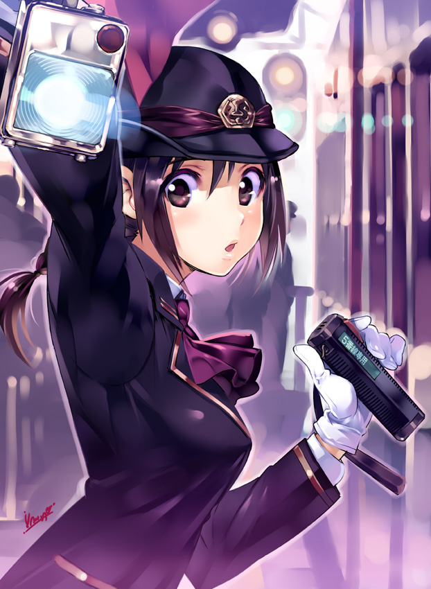 brown_eyes, brown_hair, flashlight, gloves, hat, policewoman, ponytail, radio