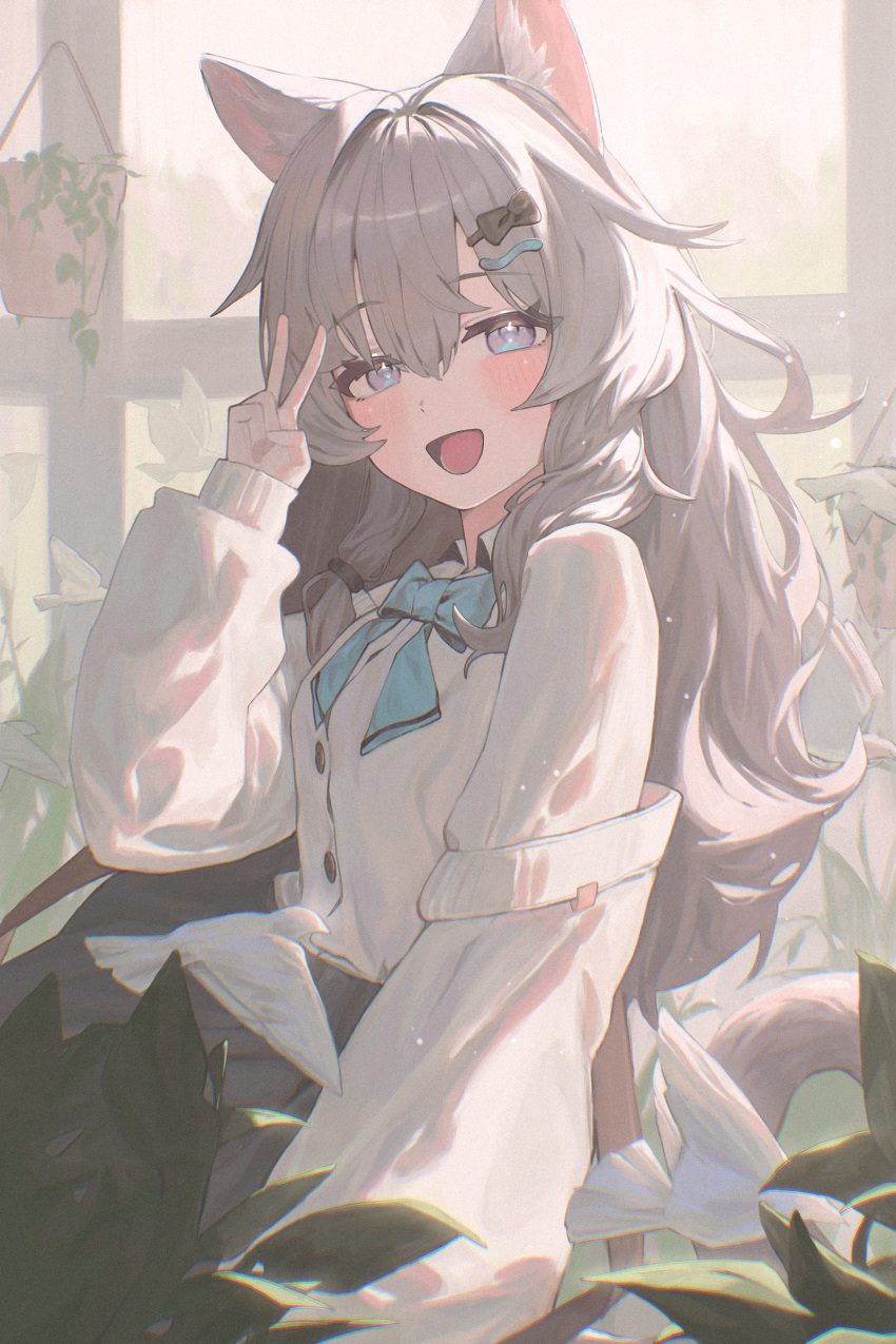 1girl, absurdres, animal_ear_fluff, animal_ears, backlighting, bird, black_skirt, blue_bow